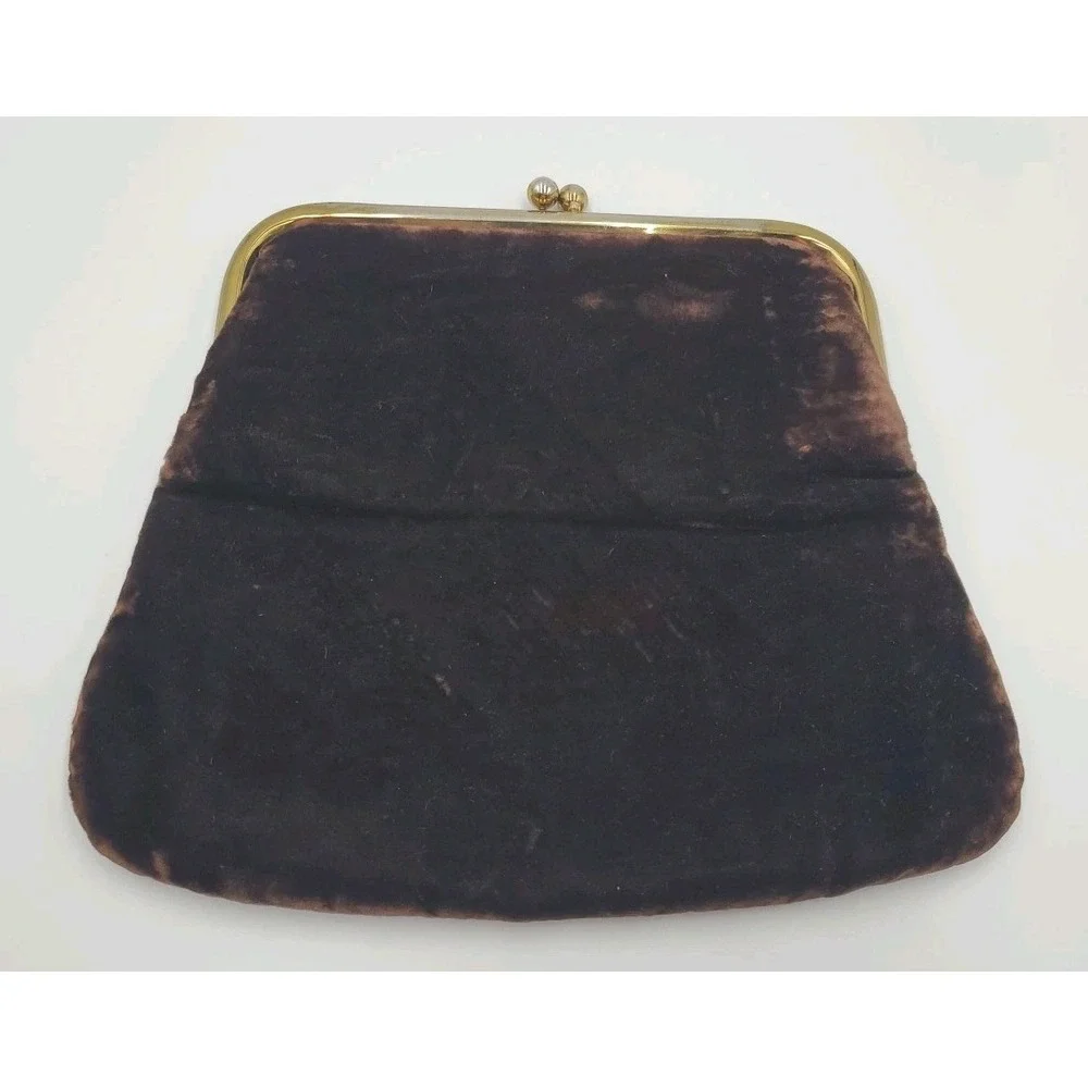 Vtg JR USA Velour Evening Hand Bag‎ Purse Clutch Large Folding Kiss Lock Brown